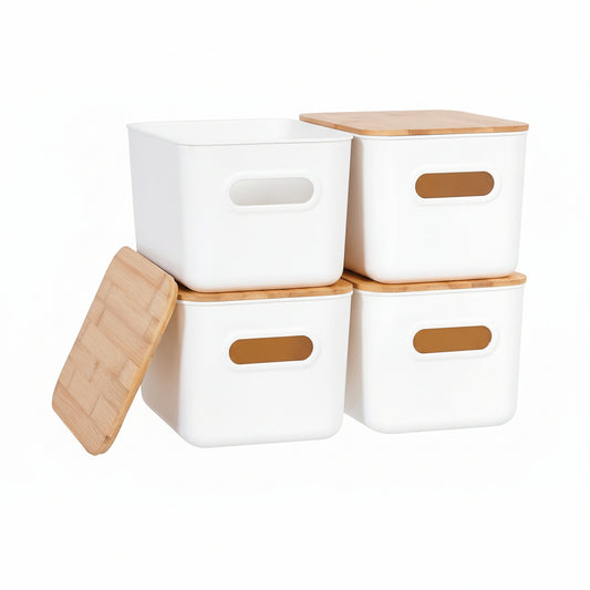 4 PCS Storage Bins with Bamboo Lids Plastic Storage Containers for Organizing Stackable Storage Box with Handle, 10.23 X 7.08 X 6.3 Inch