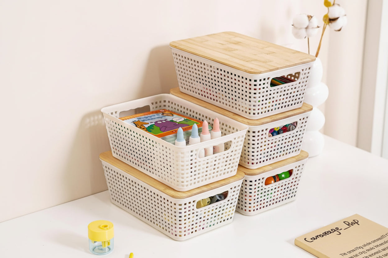 Small Storage Bins with Lids 6 Packs, Plastic Storage Basket with Bamboo Lid for Pantry Organization and Storage Containers for Shelves Drawers Desktop Closet Playroom Office Home, White