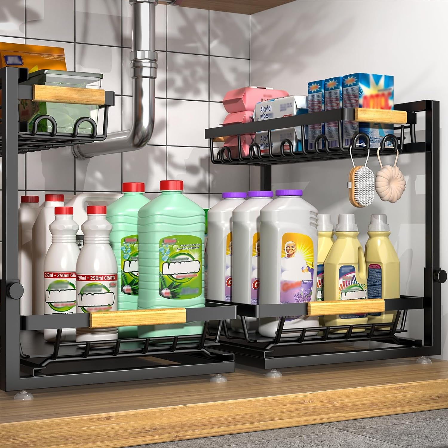 2 Packs under Sink Organizer, High Adjustable 2 Tier under Kitchen Sink Organizer, Multi-Purpose Storage Shelf for Kitchen Bathroom Cabinet (White)