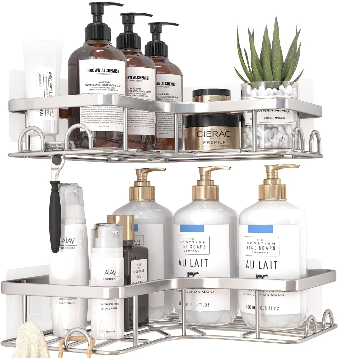 Corner Shower Caddy - 2 Pack, Adhesive Shower Organizers, Rustproof Stainless Steel Shower Shelves with 8 Hooks, No Drilling Bathroom Organizers and Storage Racks, Space-Saving, Silver, Medium