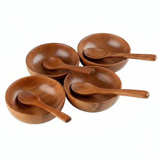 Teak Wood Dipping Bowls with Spoons Set – 8 Piece Wooden Serving Set with 4 Mini Bowls and 4 Small Spoons, Handcrafted Natural Teak Wood, Durable & Smooth Finish