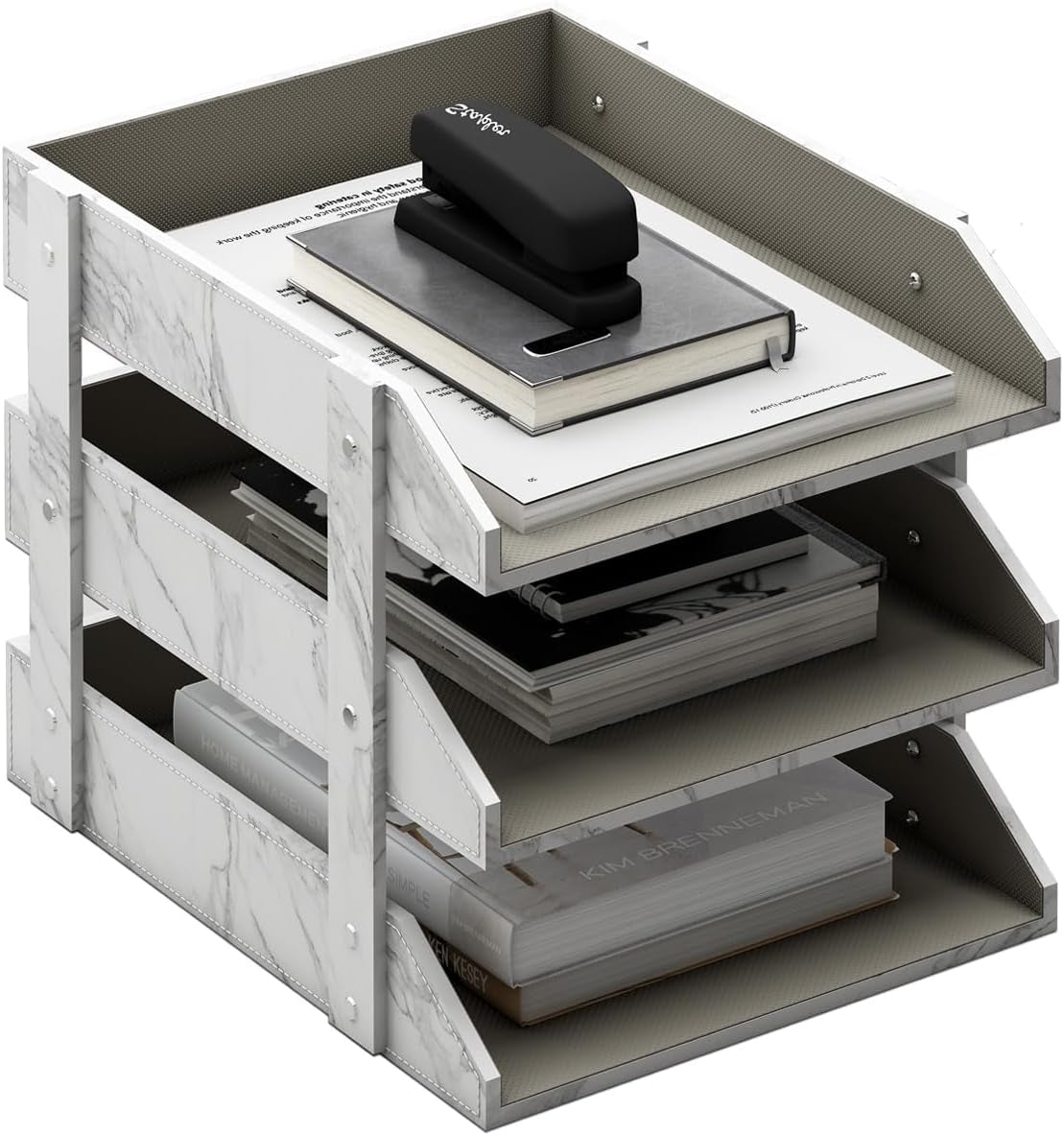 Leather Desk Organizer,  3-Tier Stackable Letter Tray Holder for Office Supplies, Paper, File, Magazine, Perfect Office Organization for Desktop (White-3Tiers)