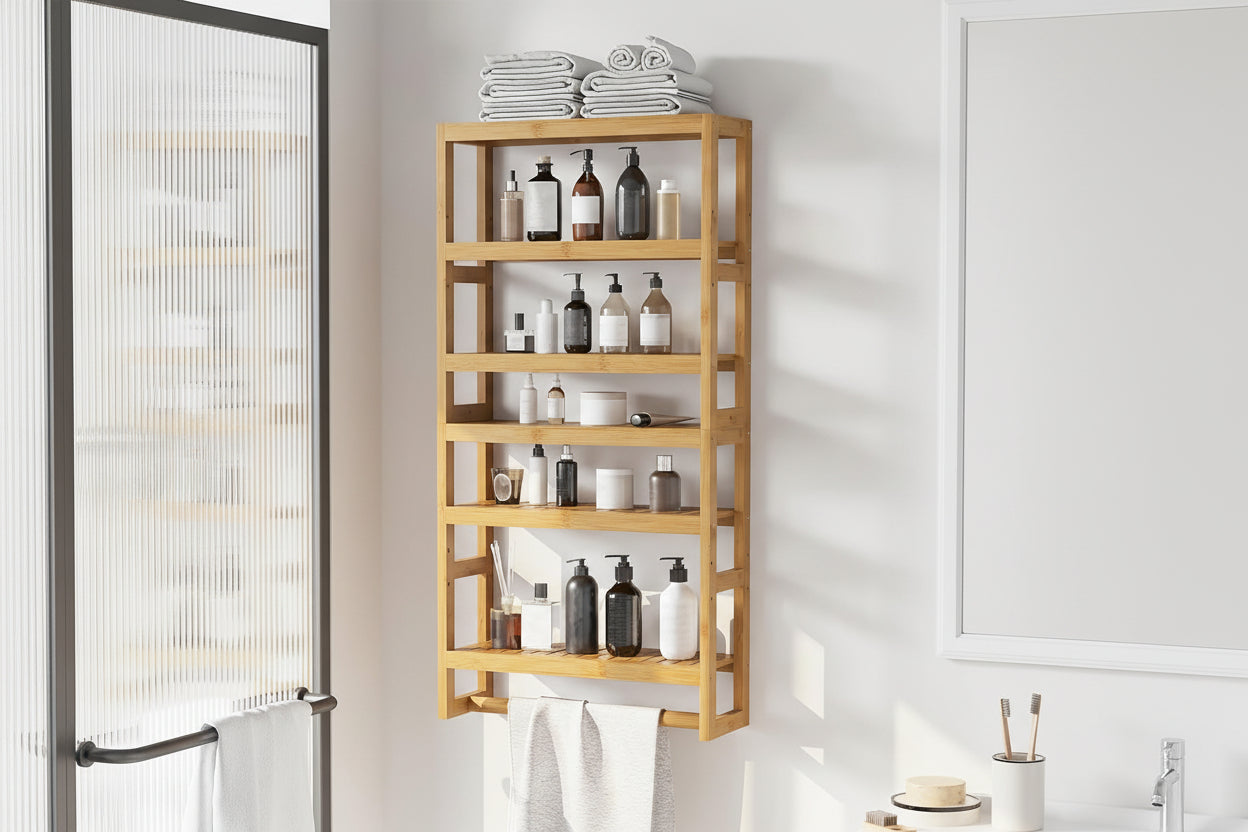 Bathroom Shelves with Hanging Bar over Toilet Storage - Adjustable Wall Organizer (Natural)