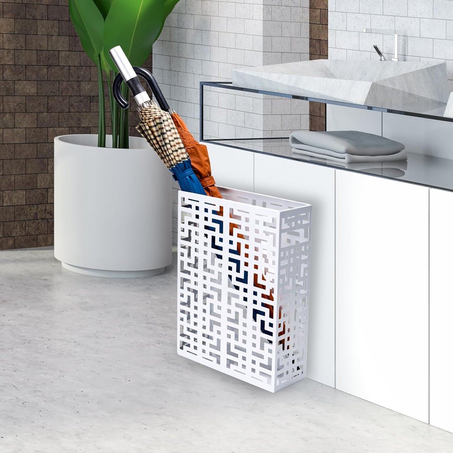 Umbrella Holder Stand for Entryway, Square Metal Umbrella Rack, Freestanding Rectangular Hollow Rack for Home Office, 16 X 10 X 5 Inch, White