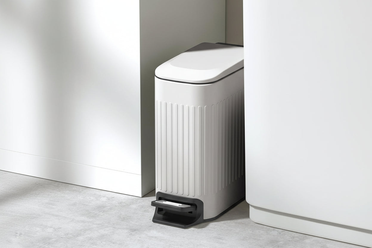 Slim Bathroom Trash Can with Lid Soft Close, Step Pedal, 6 Liter / 1.6 Gallon Stainless Steel Trash Bin, Small Garbage Cans for Bedroom, Office, Kitchen (White)