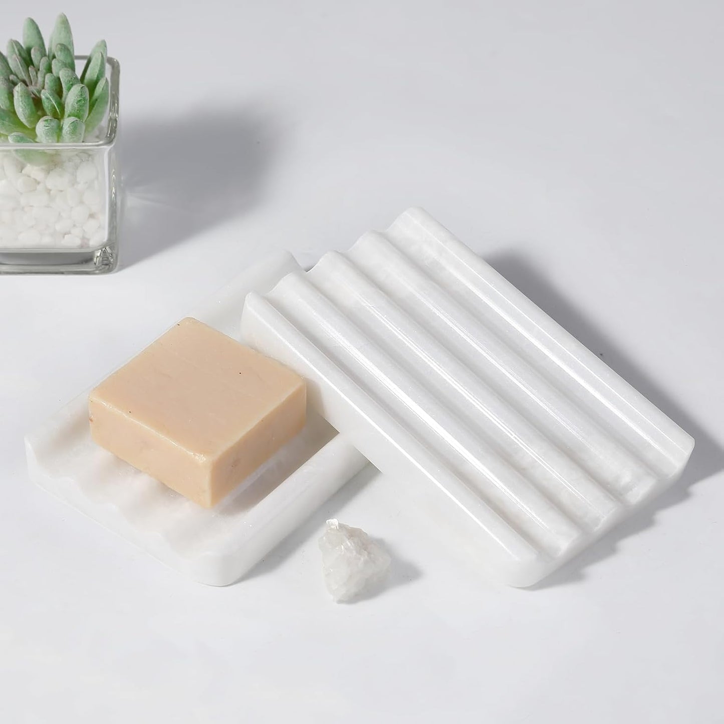 African Natural Marble Soap Dish for Shower, Stone Soap Tray for Bathroom, Bar Soap Holder for Sink, Stripe Grooves Soap Saver Stone Dish Keep Bars Dry Easy Clean (Namib Bianco)