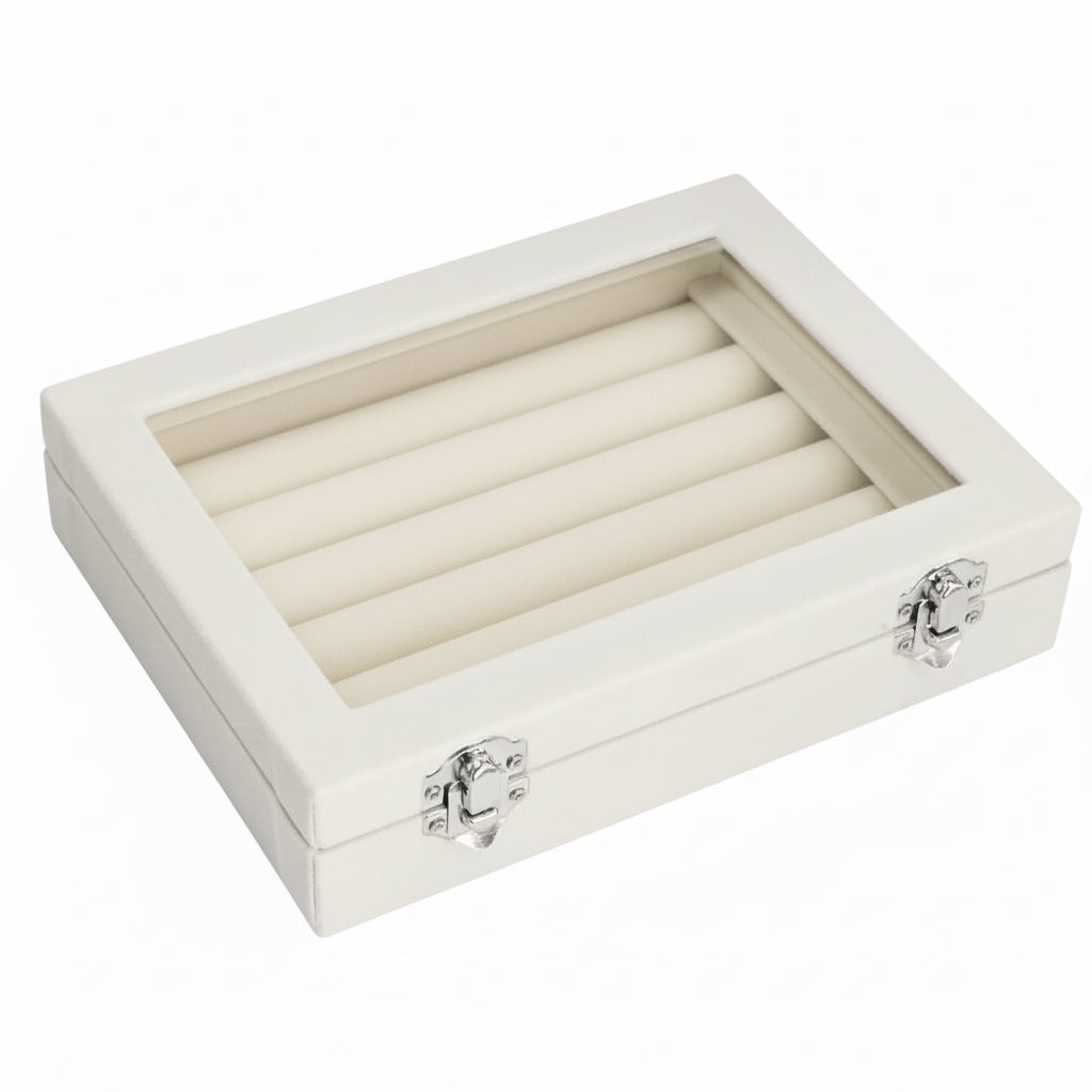 Rings Organizer Tray 7 Slots Velvet Jewelry Earring Storage Box with Transparent Lid Jewelry Display Case for Girls Wife Mom Women (Beige)