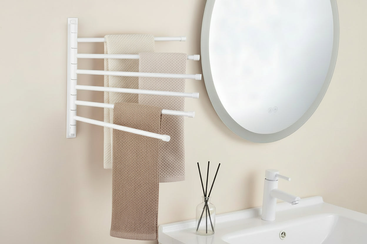 Bathroom 6 Arms Swing Arm Towel Bars Wall Mount Bath Towel Rack Hanger Stainless Steel Towel Holder Organizer, White