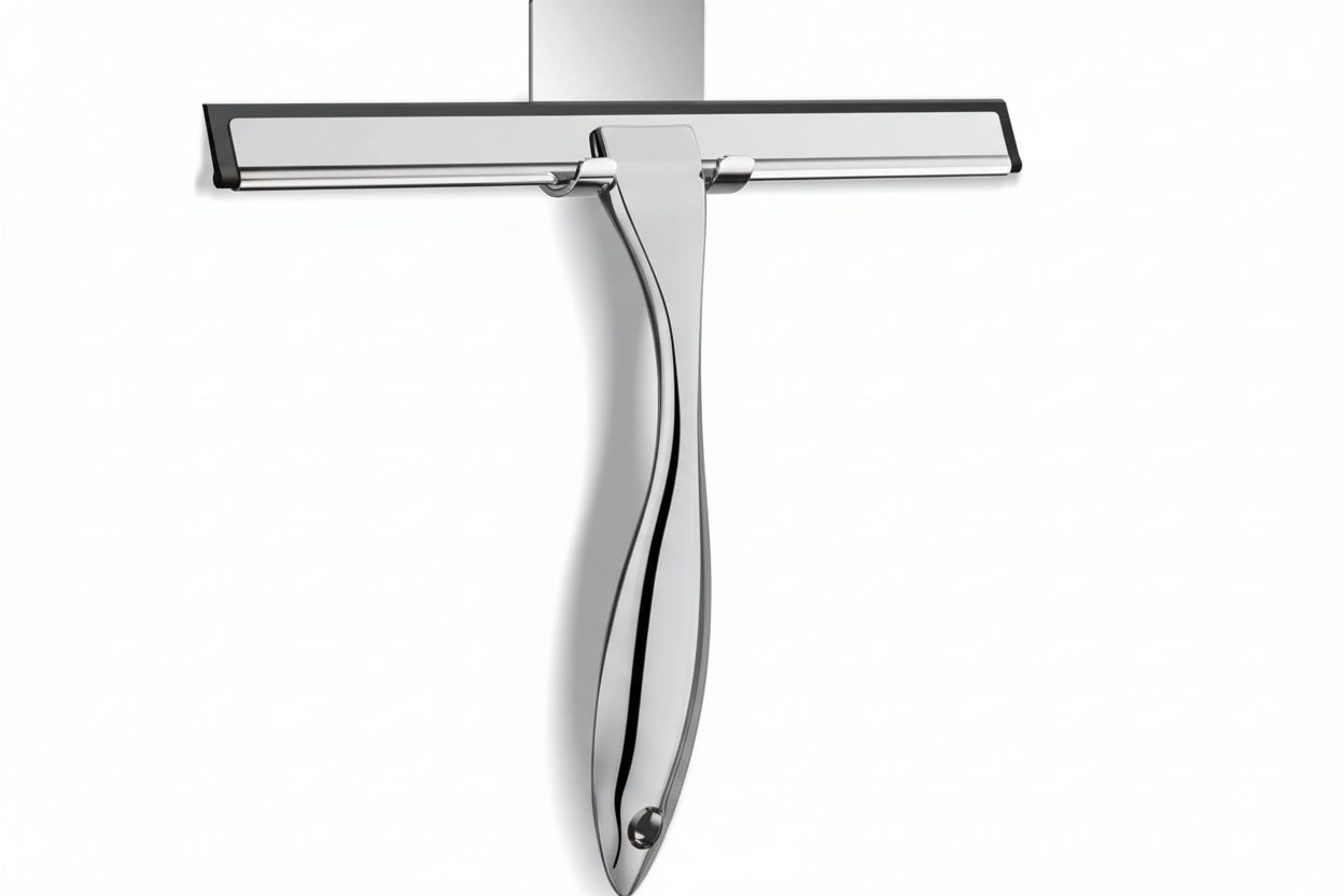 All-Purpose Stainless Steel Shower Squeegee for Shower Glass Door with 2 Adhesive Hooks, Bathroom Cleaner Tool Household Window Mirror Squeegee , Cleaning Tile Wall, Car, 10 Inch Silver