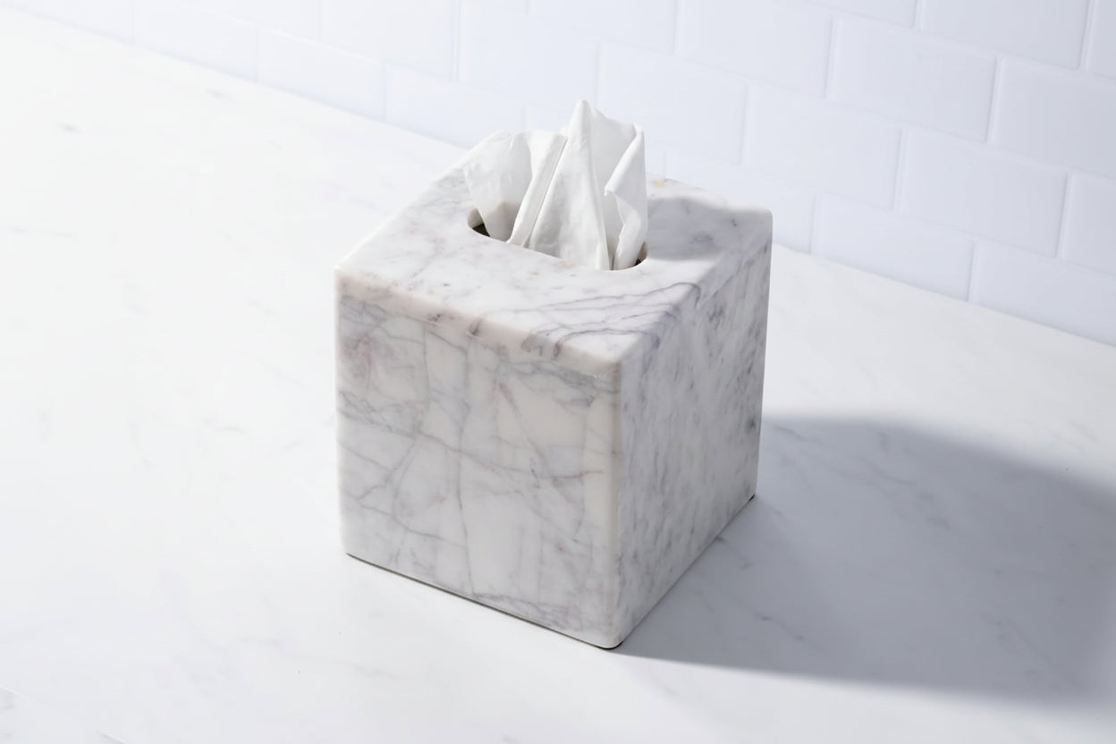 Marble Tissue Box Cover for Kleenex and More, Decorative Cube Style Holder, Large Square Facial Tissue Dispenser Container for Home, Real Solid White Marble Bathroom Accessory