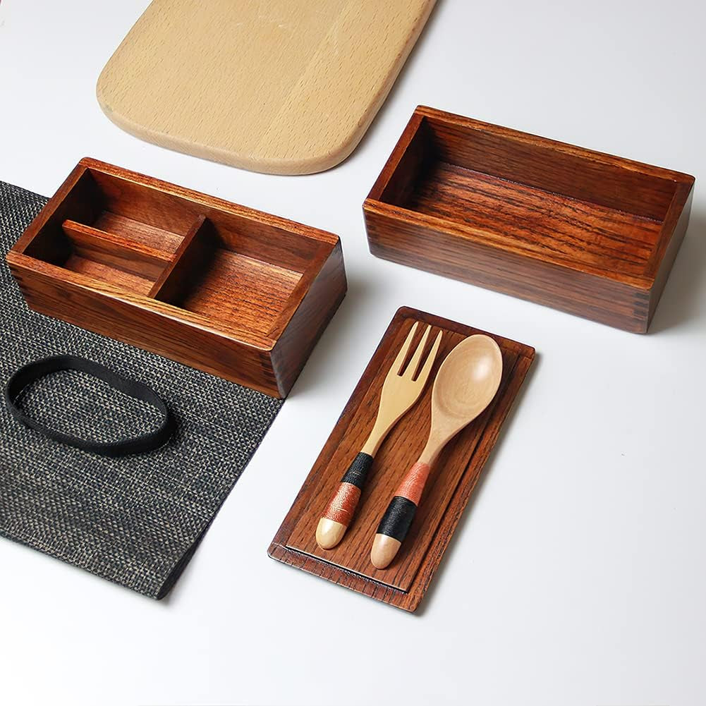 Wood Bento Box, Lunch Boxes, Japanese Traditional Natural Square Wooden Lunch Containers Women'S Men'S Adult Wood Bento Box with Spoon Fork Kit