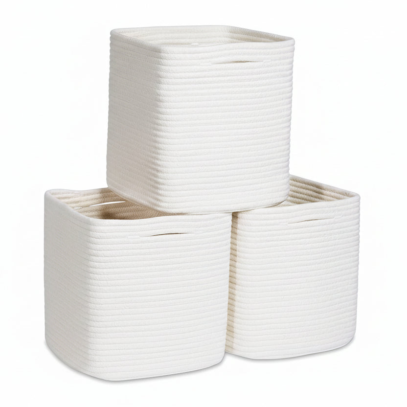 Storage Cubes 11 Inch Cotton Rope Woven Baskets for Organizing, 3-Pack | Cube Storage Bin | Square Storage Baskets for Shelves Organizer, Classroom, Kids Toy Bins, Closet, Baby Nursery