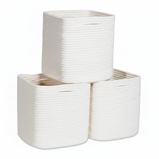 Storage Cubes 11 Inch Cotton Rope Woven Baskets for Organizing, 3-Pack | Cube Storage Bin | Square Storage Baskets for Shelves Organizer, Classroom, Kids Toy Bins, Closet, Baby Nursery