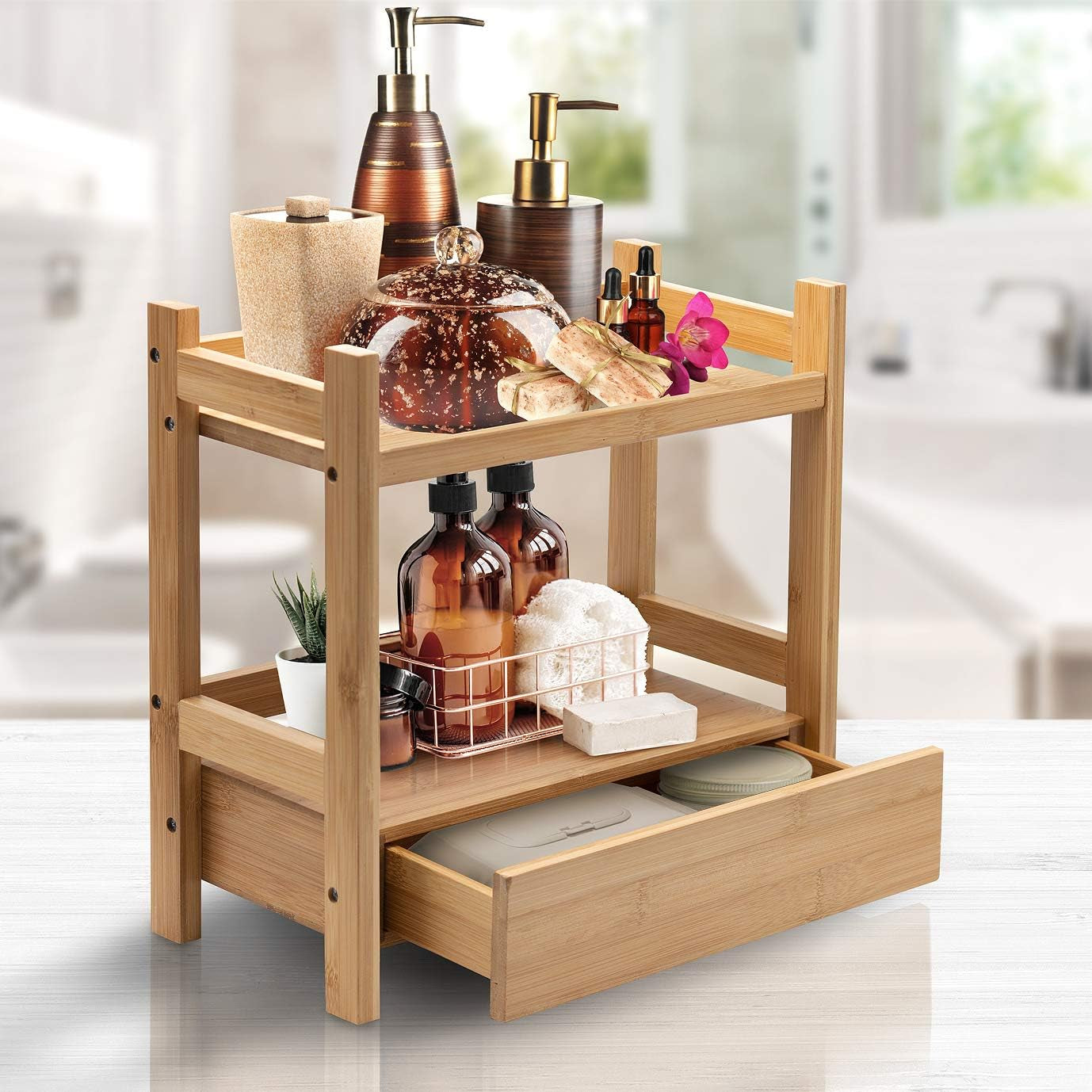 Bamboo Bathroom Counter Organizer – 2-Tier Shelf with Hidden Drawer for Vanity, Matcha Station, Bathroom Sink Organizer Countertop, Kitchen & Office Storage (13″ L X 6.5″ W X 12.6″ H)