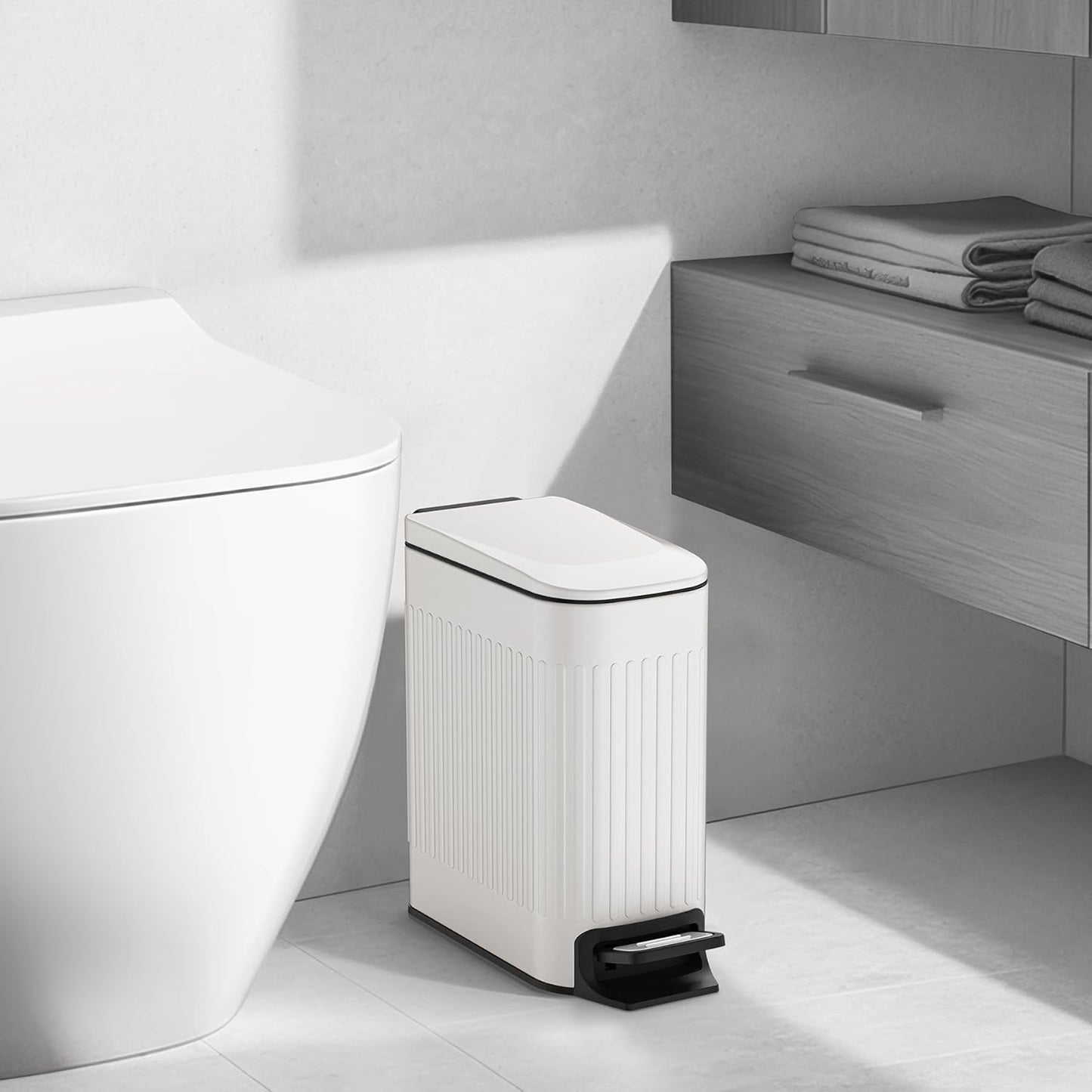 Slim Bathroom Trash Can with Lid Soft Close, Step Pedal, 6 Liter / 1.6 Gallon Stainless Steel Trash Bin, Small Garbage Cans for Bedroom, Office, Kitchen (White)