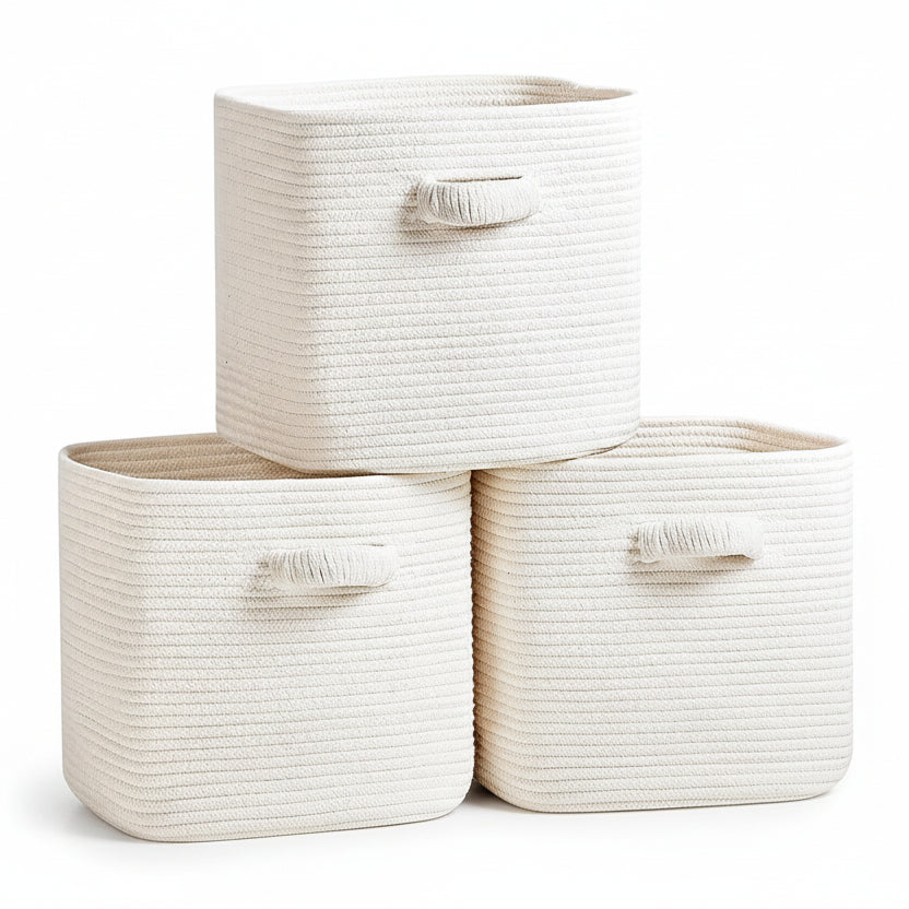 RUNKA Storage Cube Baskets - 3 Pack - 11 Inch Square Baskets for Closet, Woven Bins - Ideal for Toy Storage | White