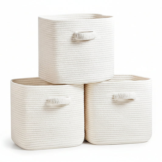 RUNKA Storage Cube Baskets - 3 Pack - 11 Inch Square Baskets for Closet, Woven Bins - Ideal for Toy Storage | White