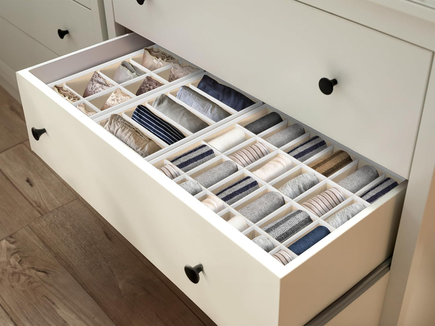 4-Pack Drawer Organizer Set - Closet Dividers for Underwear, Socks, Bras, Scarves, Ties - Foldable Non-Woven Storage Boxes, Beige