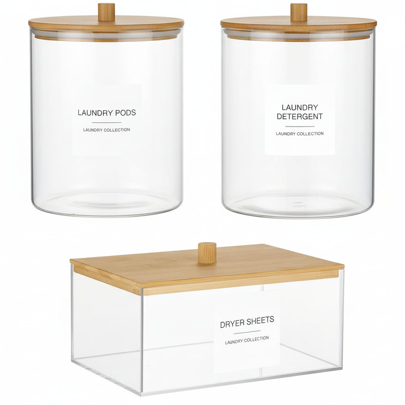 Glass Jars and Acrylic Dryer Sheet Holder, Laundry Pods Container with Bamboo Lid and 27 Labels, Powder Detergent Containers for Laundry Room Organization, Storage Jars Set (3 Pack)