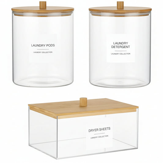 Glass Jars and Acrylic Dryer Sheet Holder, Laundry Pods Container with Bamboo Lid and 27 Labels, Powder Detergent Containers for Laundry Room Organization, Storage Jars Set (3 Pack)