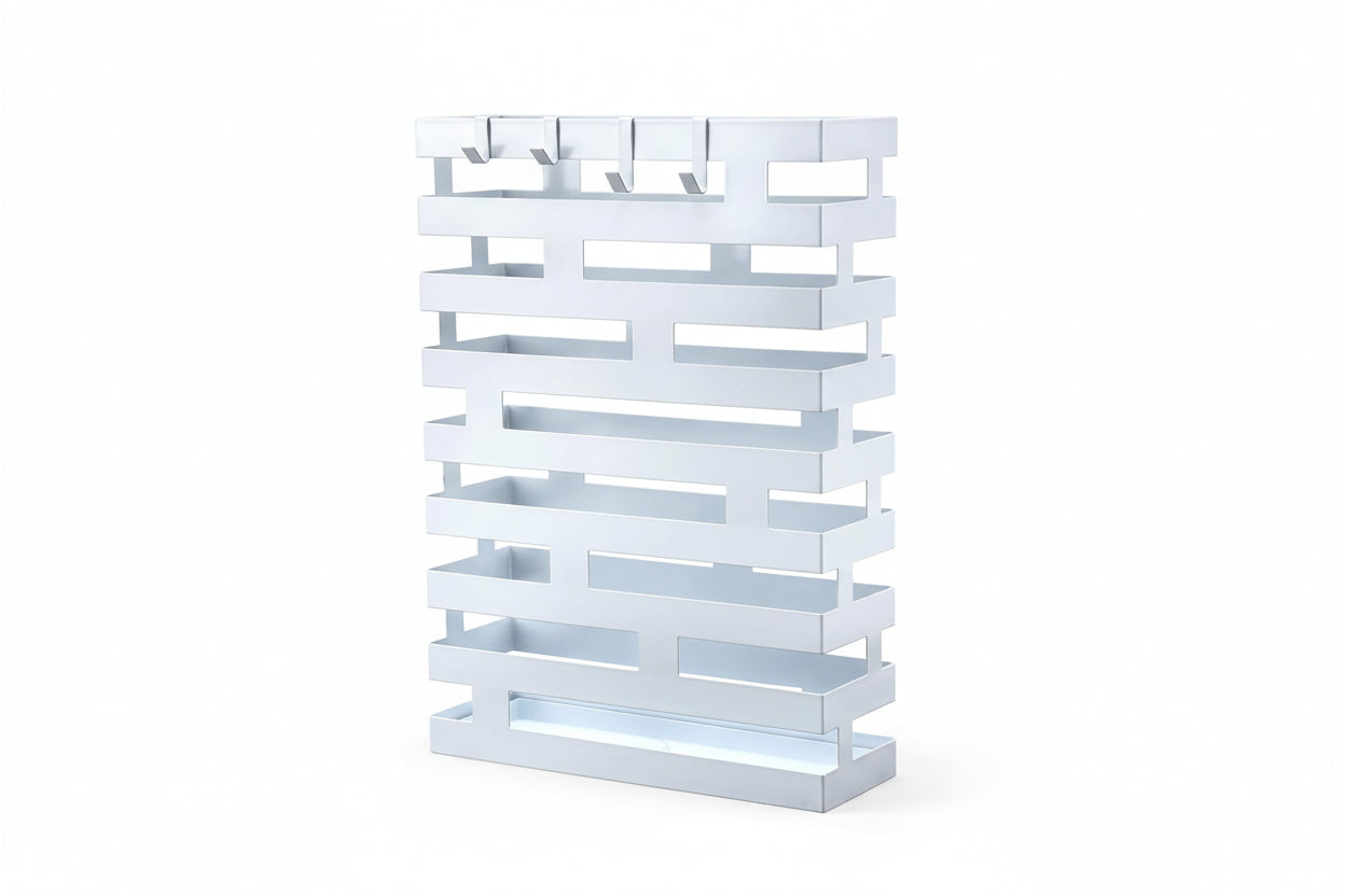 Umbrella Stands for Entryway Large Metal Umbrella Holder with Removable Water Tray and Hooks Decor Freestanding Rectangular Umbrella Hollow Rack for Home Office (White, 3.94 X 11.81 X 16.93 Inch)