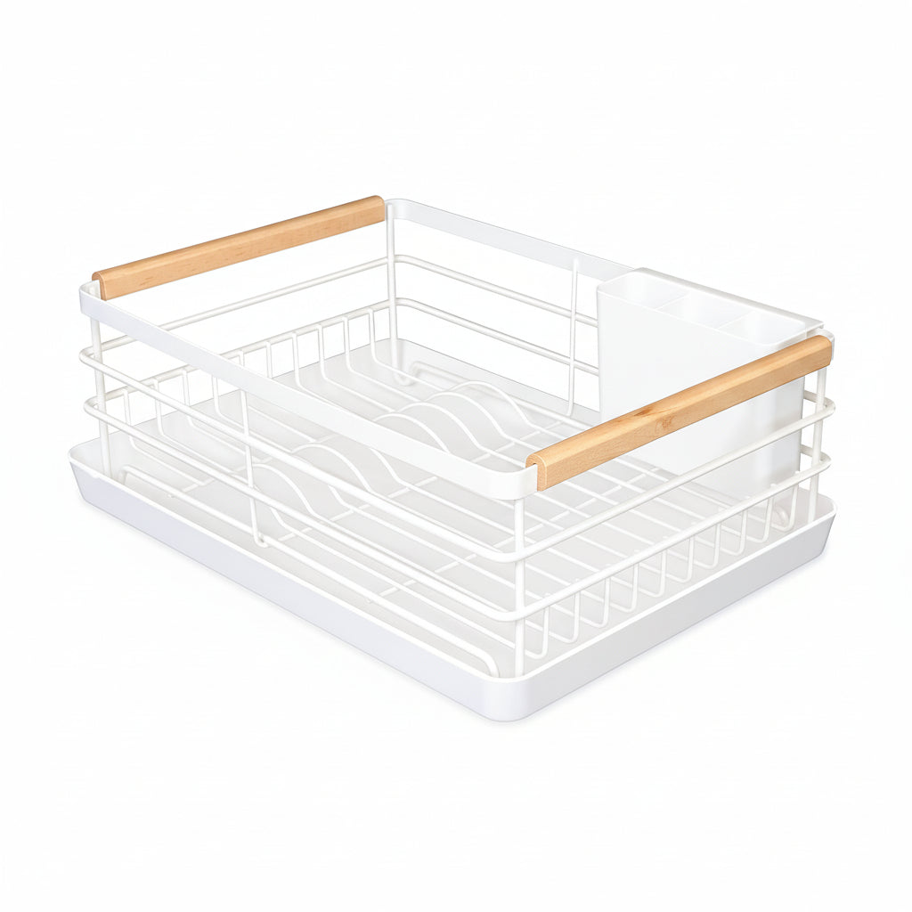 Dish Drying Rack, Dish Racks for Kitchen Counter, Stainless Steel Dish Drainer with Removable Cutlery Holder & Drainboard, White