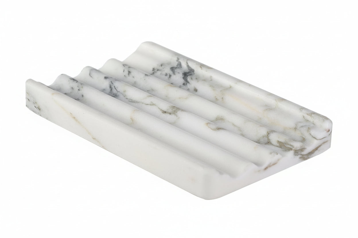 African Natural Marble Soap Dish for Shower, Stone Soap Tray for Bathroom, Bar Soap Holder for Sink, Stripe Grooves Soap Saver Stone Dish Keep Bars Dry Easy Clean (Namib Bianco)