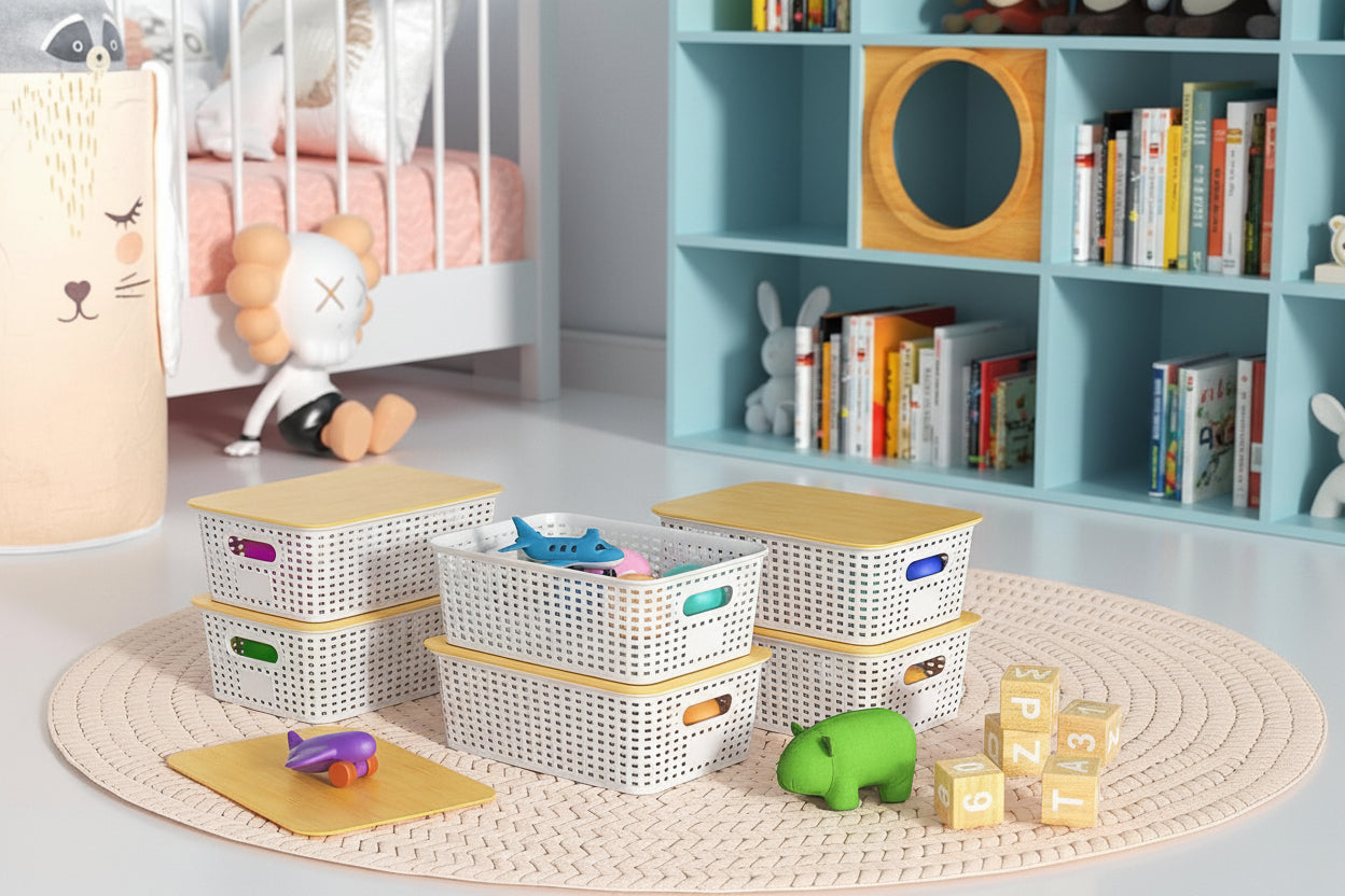 Plastic Storage Baskets with Bamboo Lid - Plastic Storage Containers Stackable Storage Bins: Storage Baskets for Organizing Shelves Drawers Desktop Closet Playroom Classroom Office, 6 Pack