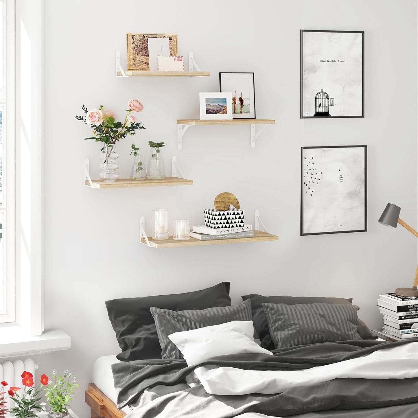 Floating Shelves for Wall, Different Sizes Natural Wood Wall Shelves for Living Room, Bathroom, Bedroom, Kitchen, Home Decor (Set of 4)