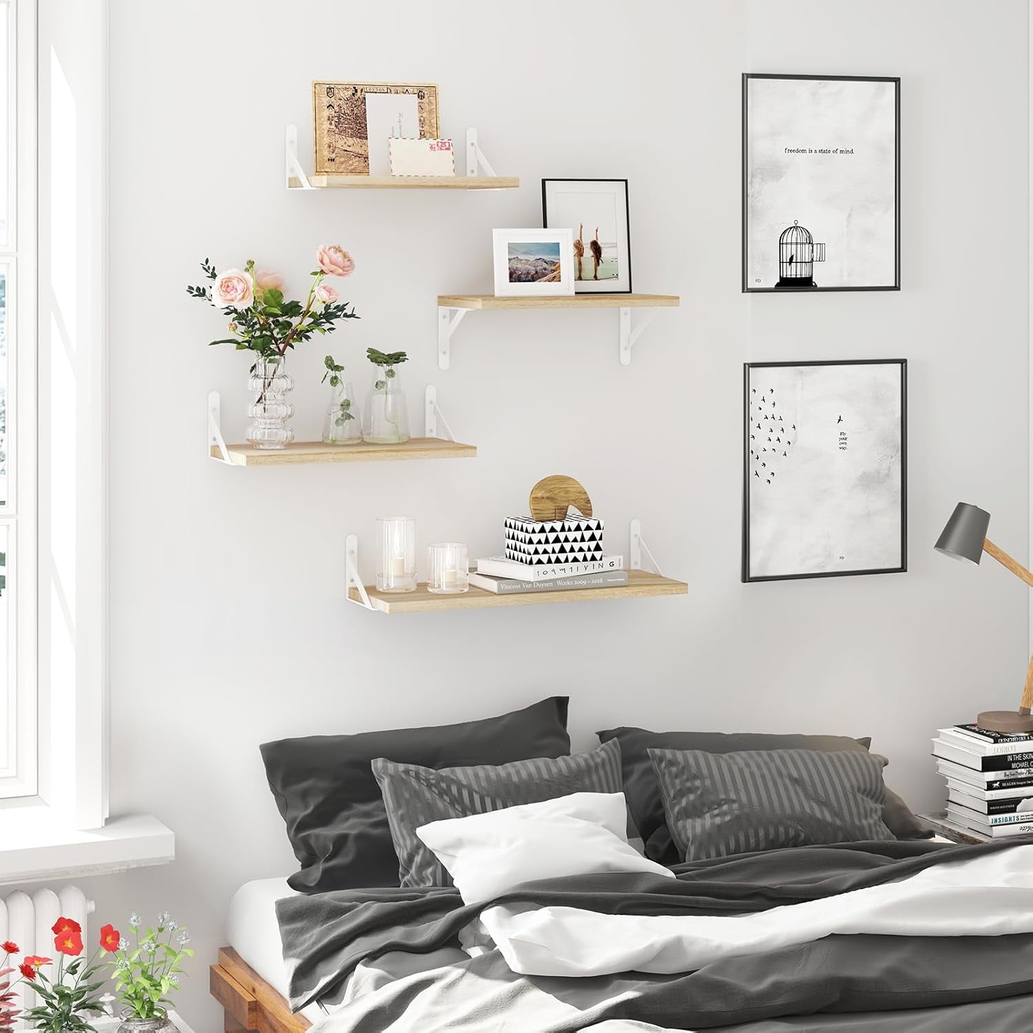 Floating Shelves for Wall, Different Sizes Natural Wood Wall Shelves for Living Room, Bathroom, Bedroom, Kitchen, Home Decor (Set of 4)