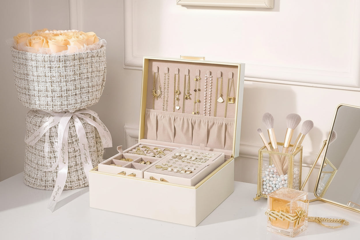 Jewelry Box Organizer for Women Girls, 2 Layer Jewelry Organizers and Storage for Necklace Earrings Rings Bracelets, Large Jewellery Holder Case Birthday Christmas Gifts -Cream