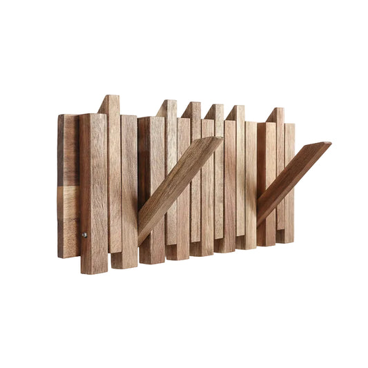 Small Coat Rack for Apartment: 13.2Inch Wood Rustic 8 Hooks Wall Mount Retractable for Narrow Spaces Entryway Bathroom for Hanging Light Items Jacket Towel Dog Leash Bag