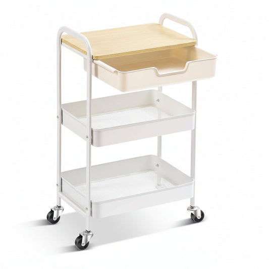 3-Tier Metal Utility Rolling Cart with Drawer and Wooden Table Top, Storage Cart White Trolley Kitchen Organizer Rolling Desk with Locking Wheels for Office, Classroom, Home, Bedroom