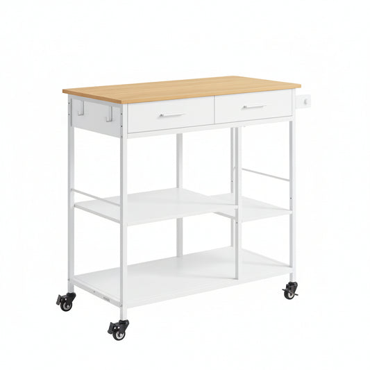 Kitchen Rolling Island, Mobile Kitchen Cart with Storage on Wheels, 17.7 X 38.8 X 35.4 Inches, Towel Rack, 2 Drawers, 2 Hooks, for Dining Room, Oak Beige and Matte White UKKI010Y01