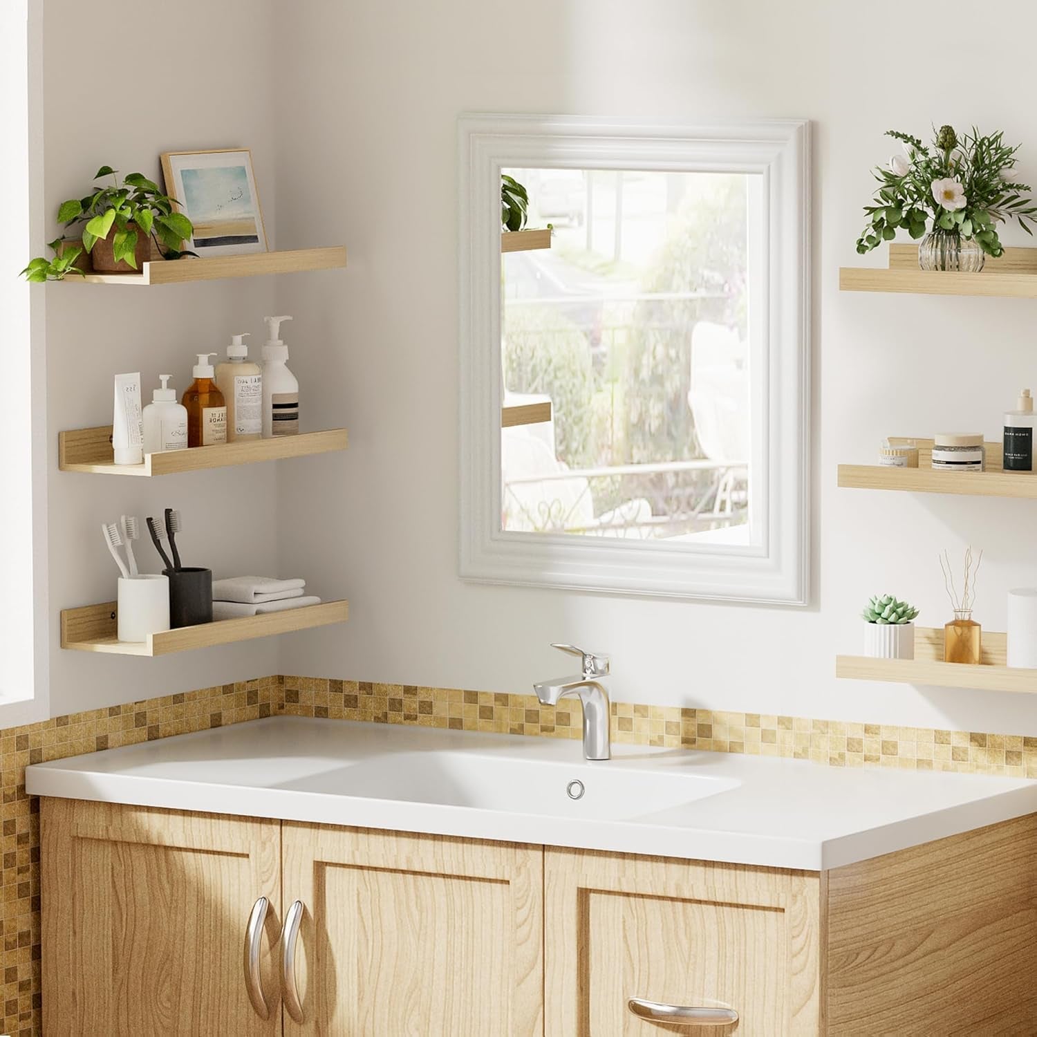 Floating Shelves for Wall, Wall Shelves for Decor Storage Set of 6, Wall Mounted Wood Shelf for Bedroom, Living Room, Bathroom, Kitchen, Picture Ledge Shelves, Natural