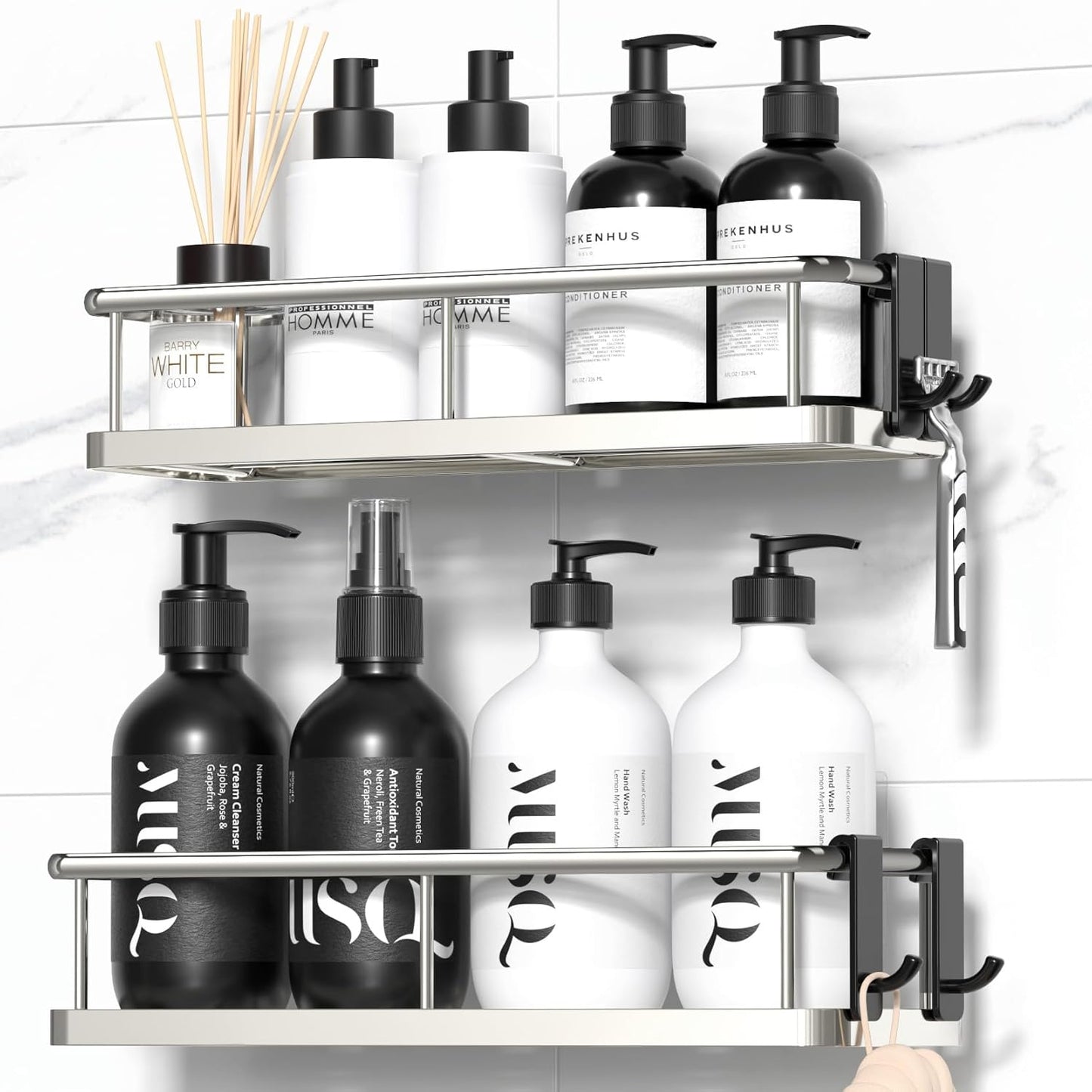 Shower Caddy Adhesive, No Drill Bathroom Shower Organizers, with Removable Hooks, Rust Proof Shower Shelves, Wall-Mounted Shower Holder, 2 Pack Silver