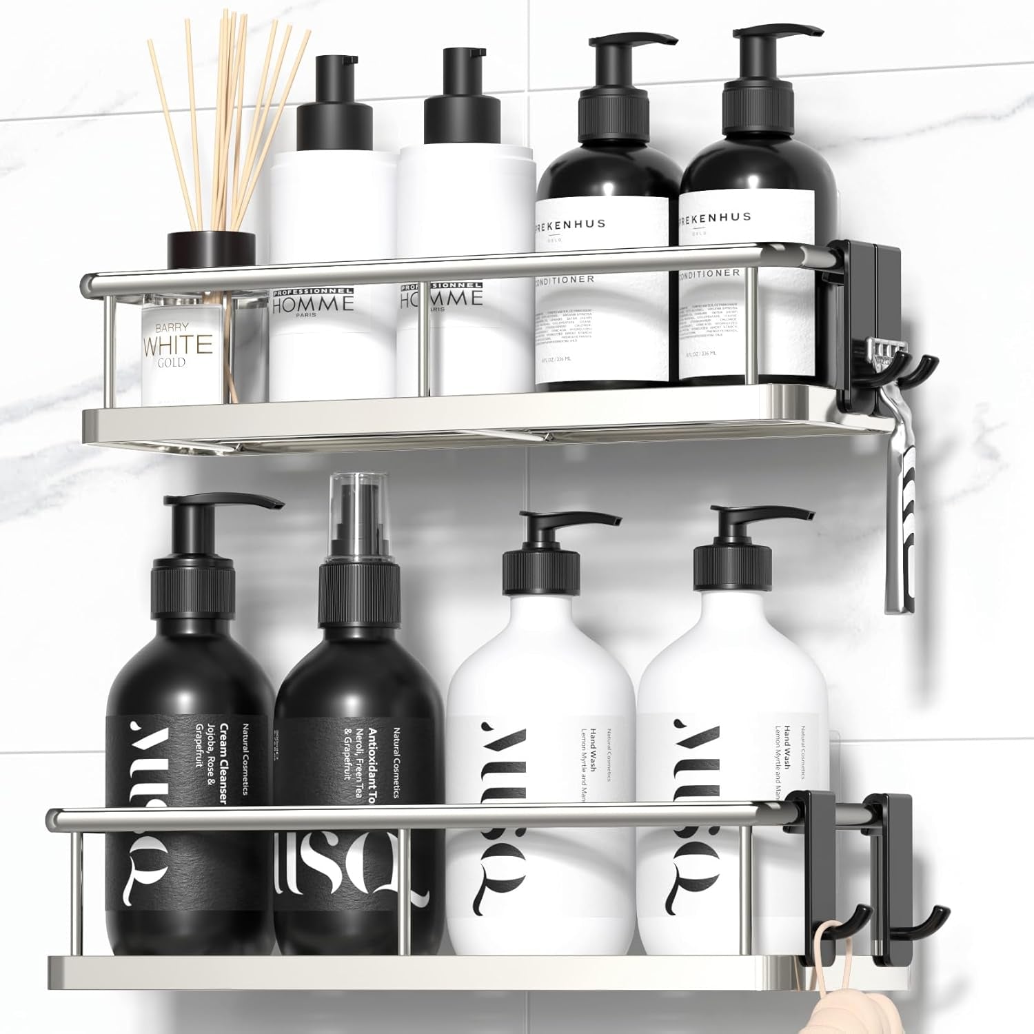 Shower Caddy Adhesive, No Drill Bathroom Shower Organizers, with Removable Hooks, Rust Proof Shower Shelves, Wall-Mounted Shower Holder, 2 Pack Silver