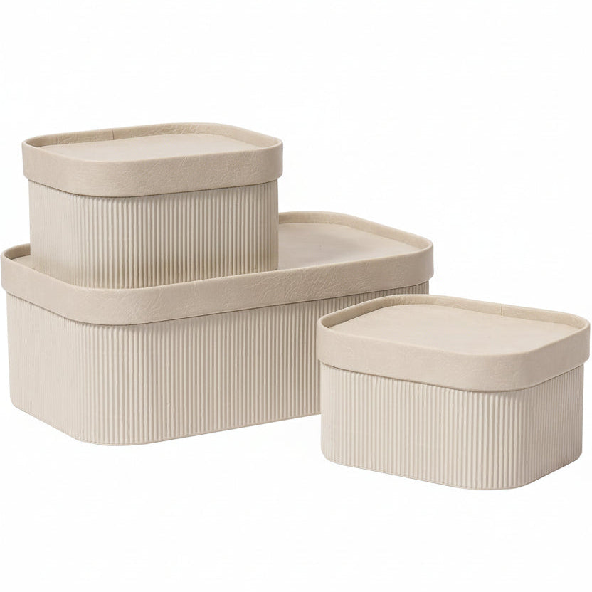 Fluted Cardboard Storage Baskets with Leather-Like Lids, Sturdy Stackable Paper Boxes Decorative Tray,Set of 3 Ivory