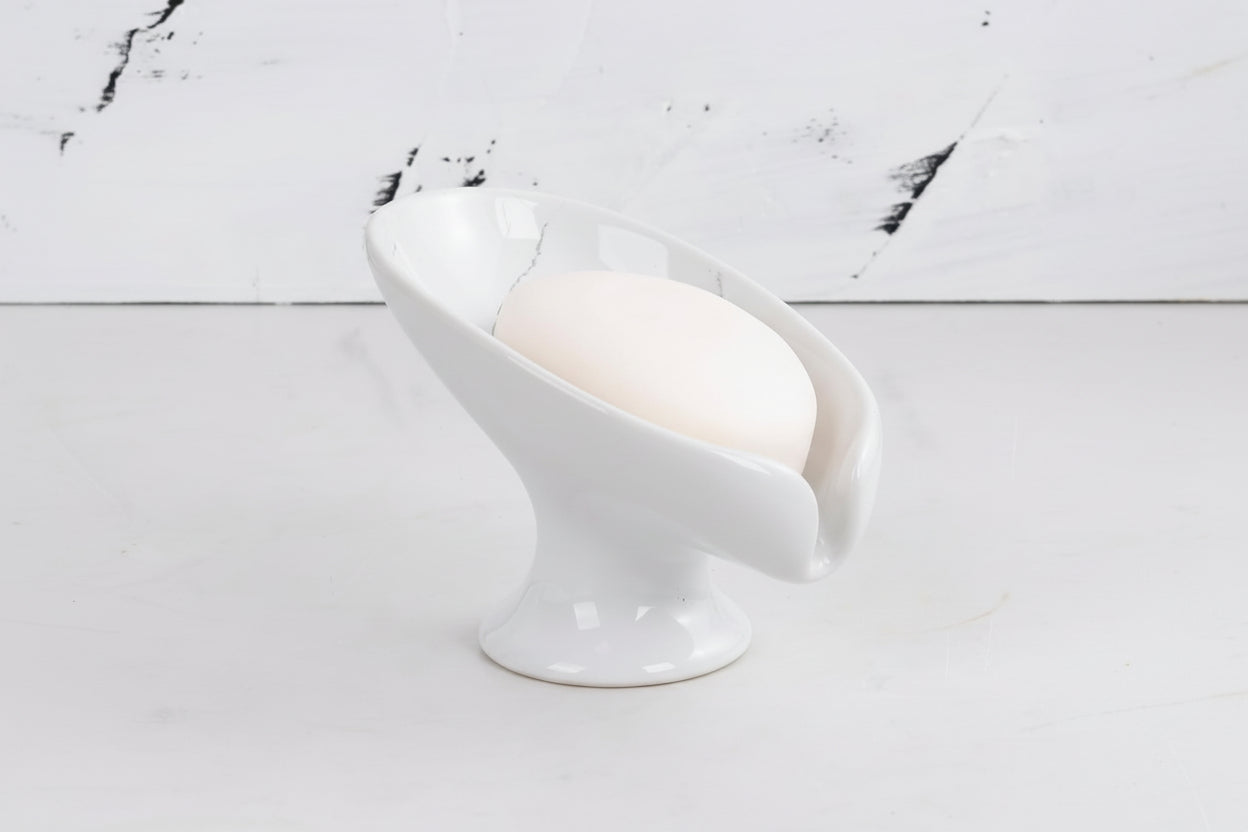 Small Soap Dish, Self Draining Bar Soap Holder for Bathroom Sink, Leaf Shaped Drainage Ceramic with Marble-Pattern Finish, Decorative Soap Dish, No Suction Cup,