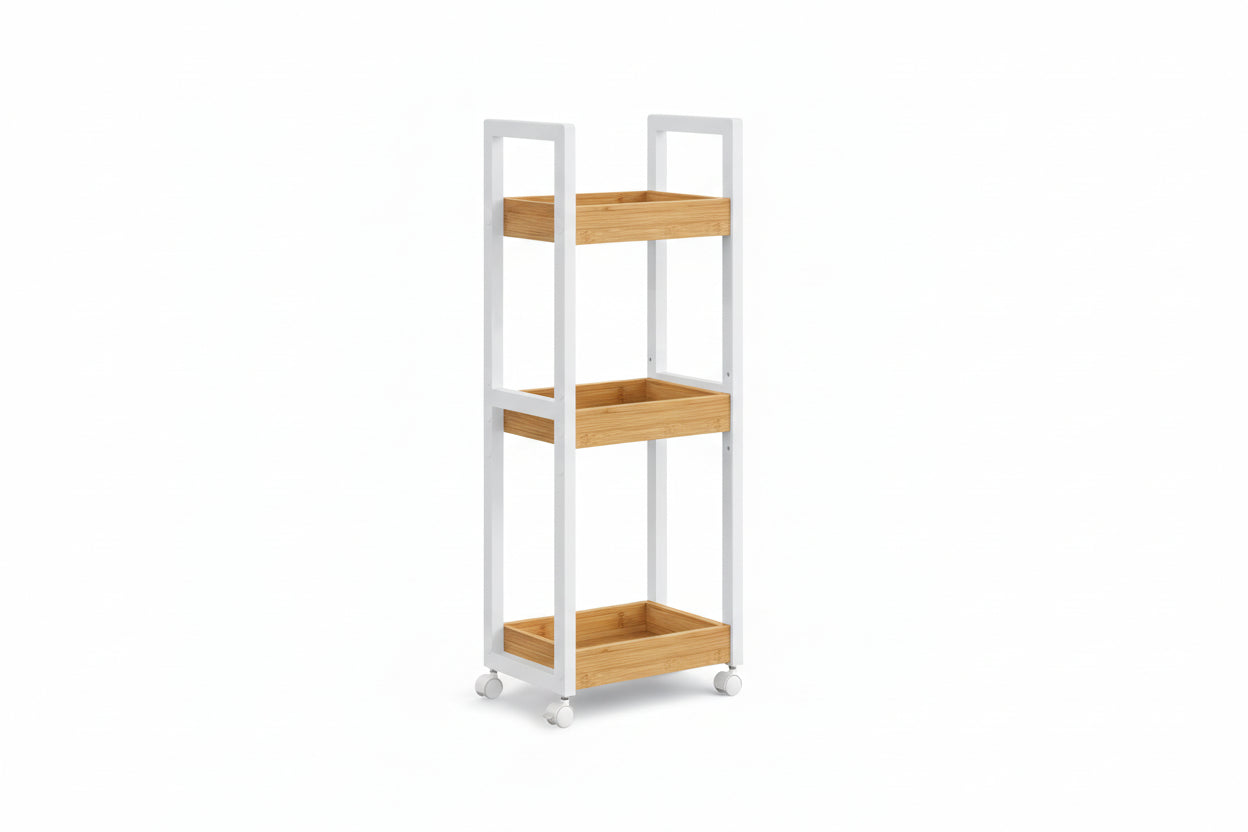 Bamboo Rolling Cart, 3-Tier Utility Cart on Wheels, Slim Narrow Storage Shelf, Bamboo Shelves, Space-Saving, Multifunctional, for Bathroom, Kitchen, White and Natural UBCB083N02