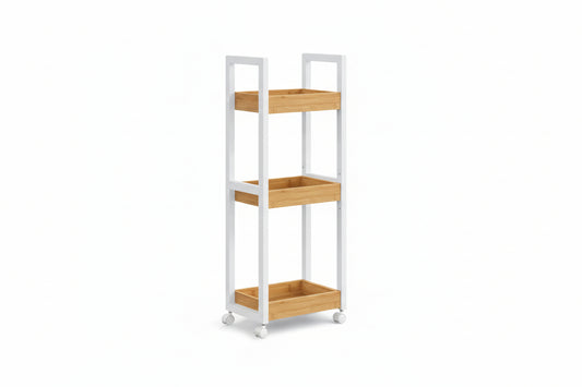 Bamboo Rolling Cart, 3-Tier Utility Cart on Wheels, Slim Narrow Storage Shelf, Bamboo Shelves, Space-Saving, Multifunctional, for Bathroom, Kitchen, White and Natural UBCB083N02