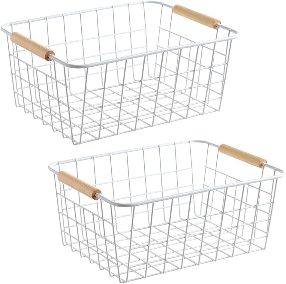 White Wire Baskets for Organizing with Wooden Handles Storage Organizer Baskets, Household Snack Basket for Cabinets, Pantry, Closets, Bedrooms, Pantry Organizers and Storage - Set of 2（White）