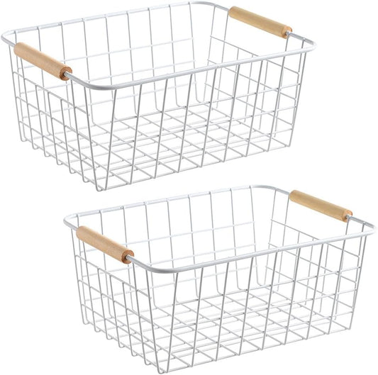White Wire Baskets for Organizing with Wooden Handles Storage Organizer Baskets, Household Snack Basket for Cabinets, Pantry, Closets, Bedrooms, Pantry Organizers and Storage - Set of 2（White）