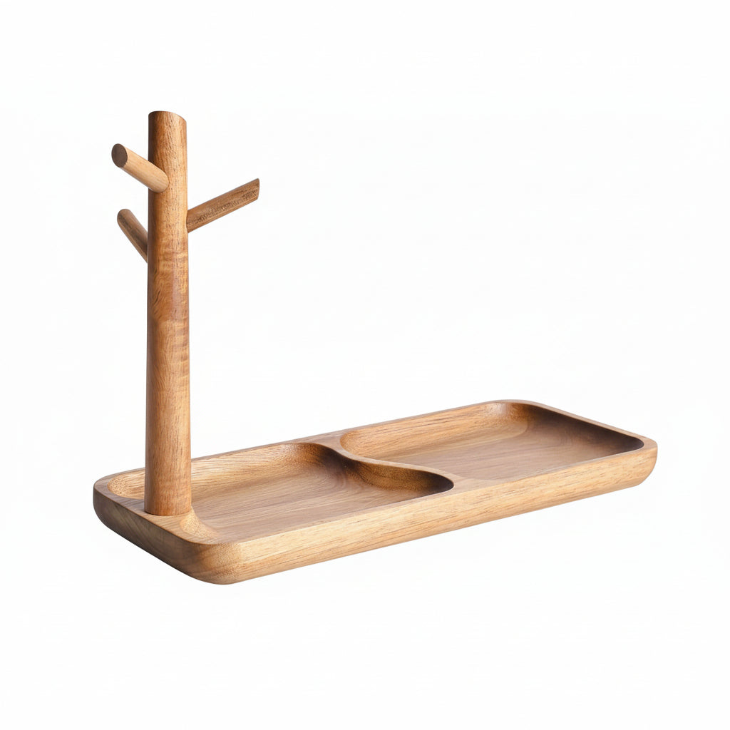 Wood Key Tray for Entryway Table, Jewelry Tray, Catchall Tray with 3 Stand Hanging Organizer, for Rings, Phone, Bracelets Watches