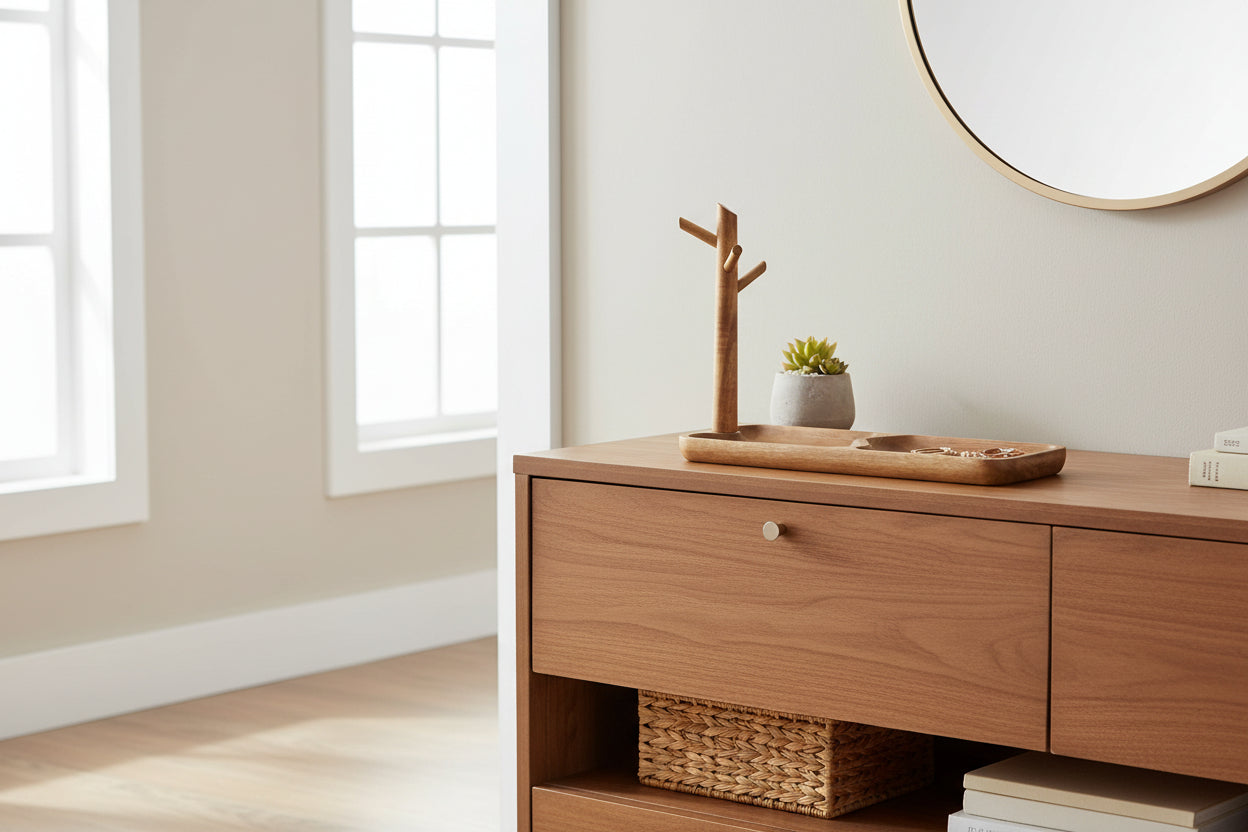 Wood Key Tray for Entryway Table, Jewelry Tray, Catchall Tray with 3 Stand Hanging Organizer, for Rings, Phone, Bracelets Watches