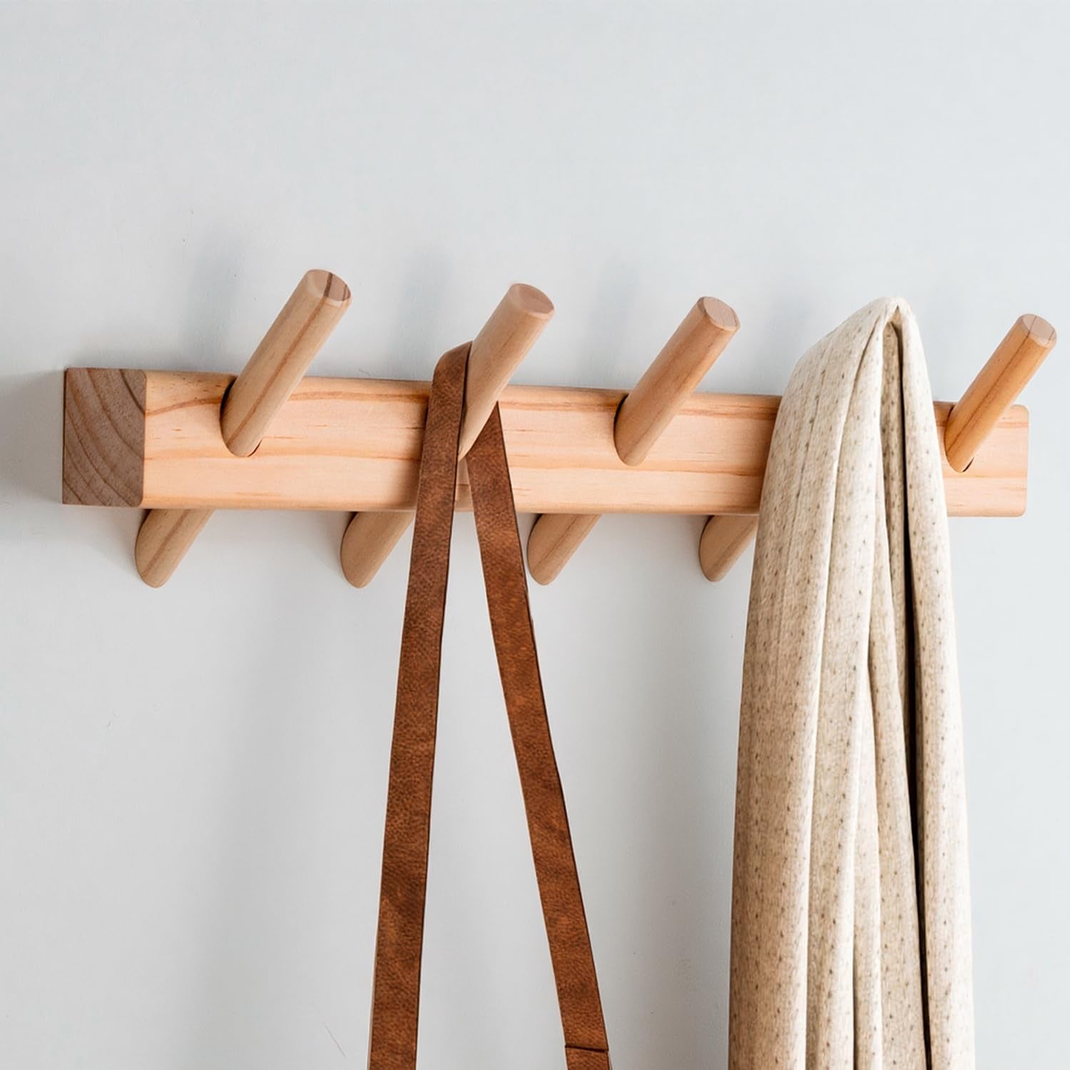 Wall Hook Rack,Solid Wooden Coat Rack Wall Mount,Removable Wood Wall Hooks for Hanging,Installation in Entrances Bathrooms and Utility Rooms for Storage(Natural, 5 Hooks)