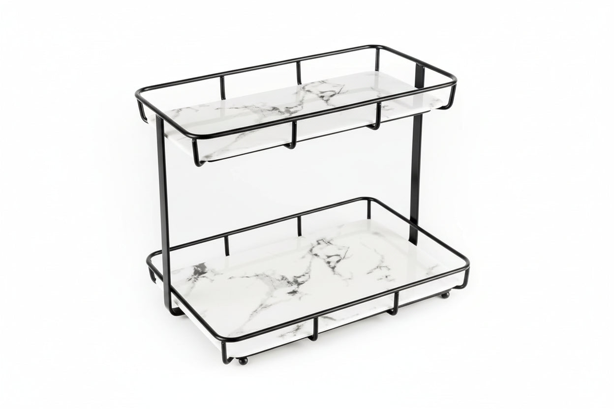 2-Tier Countertop Organizer – Marble Trays – Stainless Steel Frame