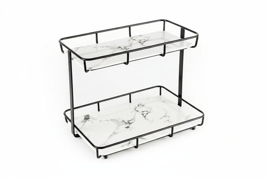 2-Tier Countertop Organizer – Marble Trays – Stainless Steel Frame
