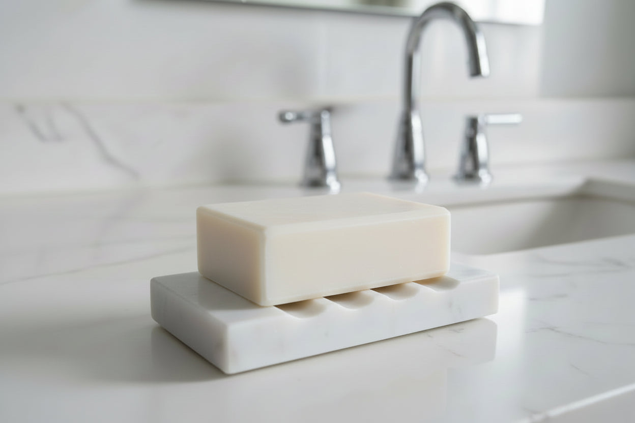 Marble Soap Dish – Drainage Ridges – Natural Stone (White)