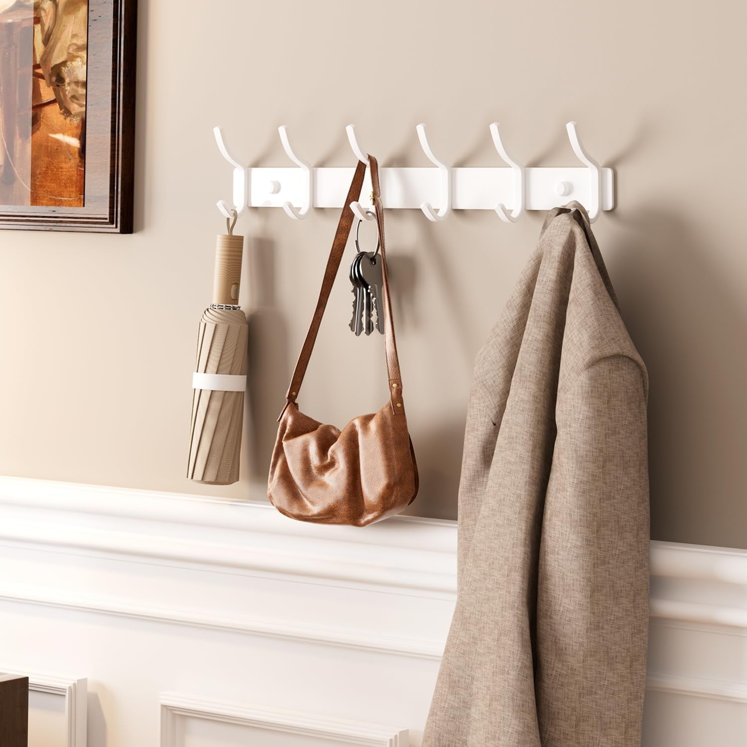 White Coat Rack Wall Mount - 15 Inch Arc Shaped Design with 6 Hooks for Hanging Coats, Bags, and Towels in Entryway, Livingroom, Bedroom, Bathroom, and Kitchen, 1 Pack